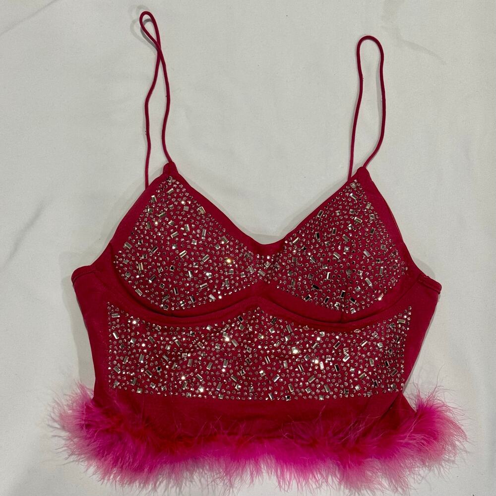 Y2K Rhinestone Bustier Crop Top Feather Trim Hot Pink NWT L